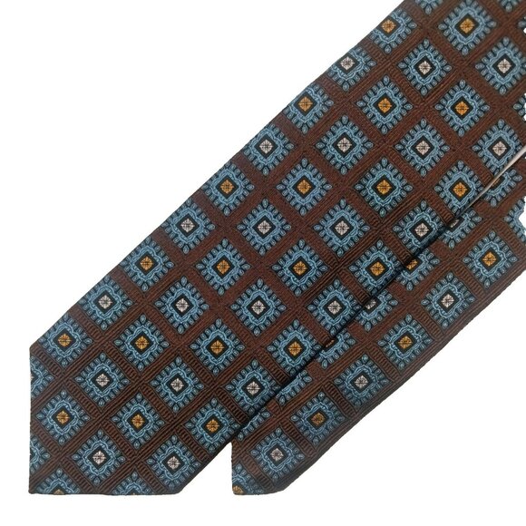 Robert Talbott Best Of Class 100% Silk Tie Geometric Squares Brown Blue 58"x3.5" - Picture 1 of 3
